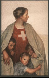 Children Sheltered by Red Cross Woman Postcard