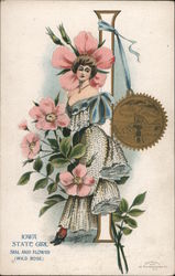 Iowa State Girl Seal and Flower (Wild Rose) State Girls Postcard Postcard Postcard