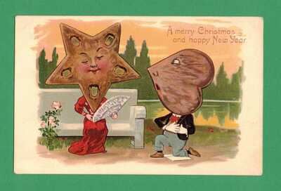 EARLY VINTAGE CHRISTMAS/NEW YEAR POSTCARD ROMANTIC COOKIE COUPLE