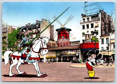 Rare Postcard Disney Goofy Don Quixote Mickey Mouse Paris Moulin Rouge RPPC Q30