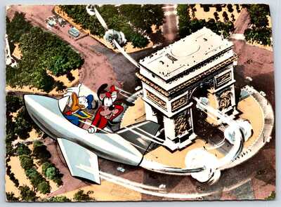 Rare French Disney Postcard Donald Duck Goofy Rocket Ship Arc Triomphe RPPC READ