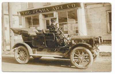 Louis Pesha Postcard - Real Photo - Wife & Daughter in Car - Storefront.