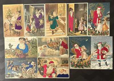 12x Antique Santa Claus Christmas Silk Postcards Rare Purple, Blue, Pink, & Red