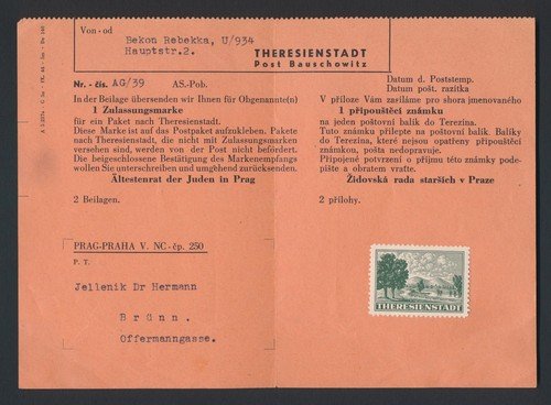 1944 GERMANY OCC CZECHOSLOVAKIA POSTCARD THERESIENSTADT CAMP PACKAGE PERMIT