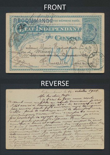1908 BELGIAN CONGO POSTCARD 15c KAMBAMAMI, KOSONGO, MATADI, REGISTERED-BELGIUM