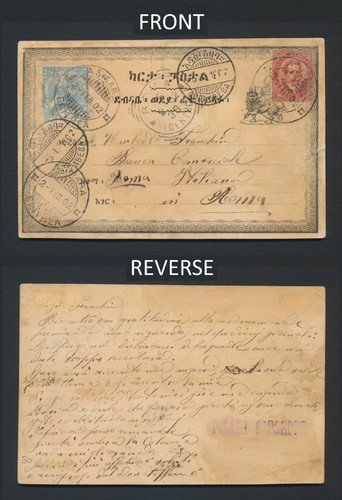 1902 ETHIOPIA POSTCARD MIXED FRANKING ADDIS ABABA TO ROME 20c ERITREA TRANSIT