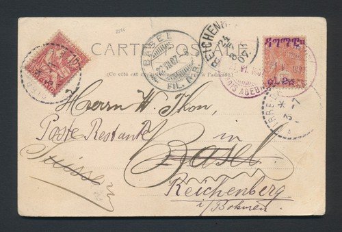 1907 ETHIOPIA POSTCARD MIXED FRANKING FRANCE PORT SAID DIRRE DAOUA TO BOHEMIA