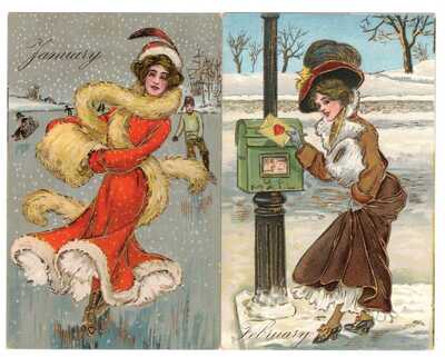 SET: 12 MONTHS OF THE YEAR ART POSTCARD LOVELY LADIES