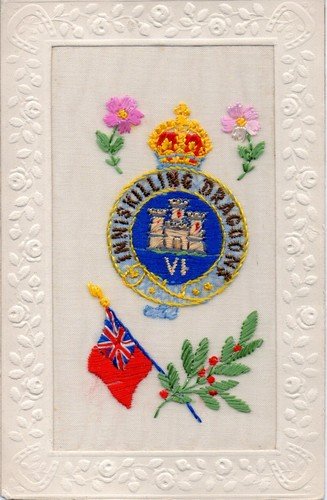 6th INNISKILLING DRAGOONS: CAVALRY: RARE WW1 EMBROIDERED MILITARY SILK POSTCARD