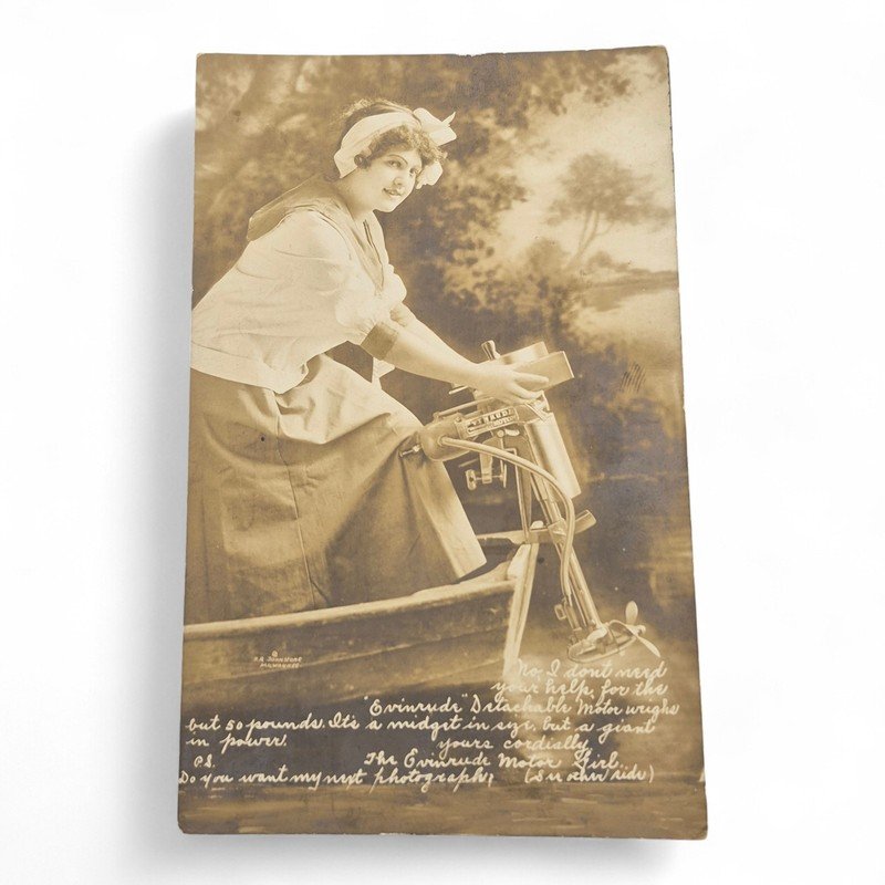Antique 1913 Evinrude Motor Girl Postcard Outboard Boat Motor Advertising RPPC