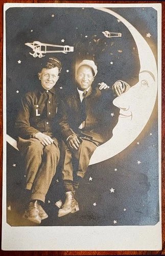Man In Moon RPPC Postcard Affectionate Young Black & White Men Gay Interest