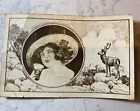 Vintage Coca Cola Postcard with Woman and Deer Stag