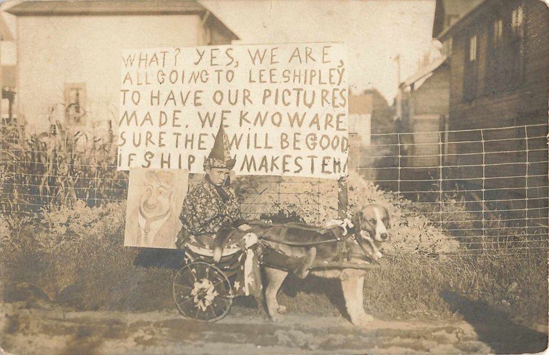 RPPC c1910s Folk Art Ad for Lee Shipley Photo Studio – Dog Cart Surreal Promo