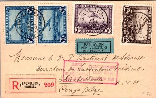 1930 Brussels Belgium Register First Flight Postcard Cover FFC To Belgian Congo
