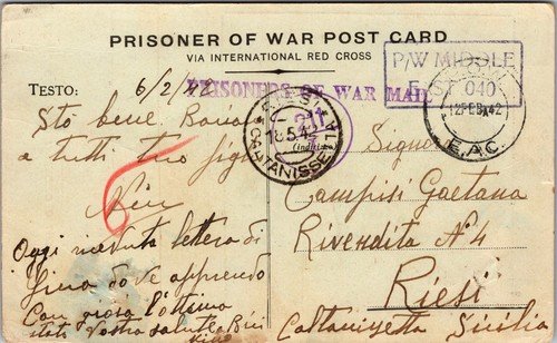 1942 East Africa Italian Prisoner of War POW Camp Postcard Cover To Italy Riesi