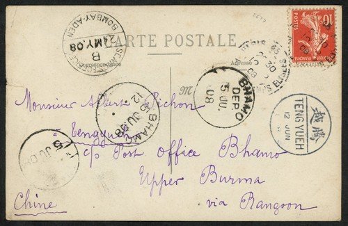 1908 France Postcard to China Via Burma Bhamo to Tengyueh, 10c Sower