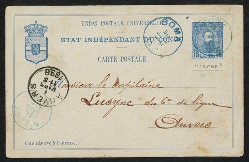 1896 Belgian Congo Postcard 15c Leopold, Lembe N'Zobe Blue Postmark to Belgium