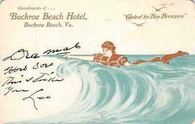 Hampton, Virginia BUCKROE BEACH HOTEL Woman Swimming 1900s Rare Vintage Postcard
