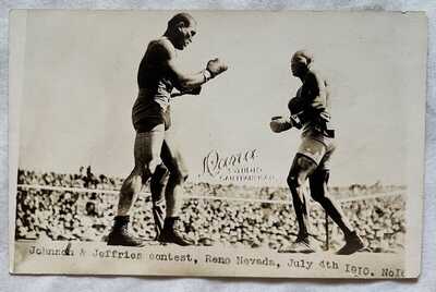 VINTAGE 1910 RPPC BOXING POSTCARD JACK JOHNSON JAMES JEFFRIES FIGHTER REAL PHOTO