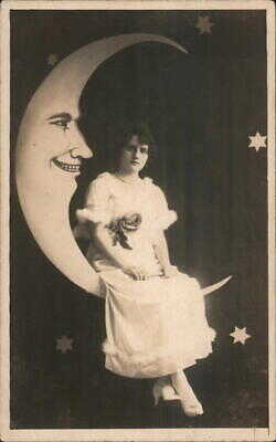 RPPC Humacao,PR Woman on Paper Moon w/Stars,1917 Guindulain Photo Studio Vintage