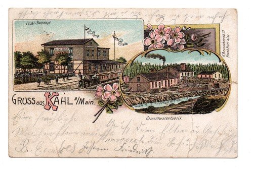 Litho postcard, greeting from Kahl am Main district Aschaffenburg. Local Train S