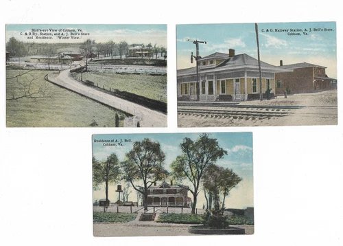 3 PIECE SET W.E. BURGESS POSTCARDS COBHAM, VA C&O RAILWAY STATION, AJ BELL STORE