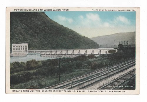 BALCONY FALLS GLASGOW, VA W.E. BURGESS POSTCARD POWER HOUSE DAM C&O RY RAILROAD
