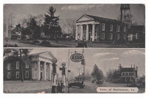 VIEWS OF BUCKINGHAM, VA TOWN & ESSO SERVICE STATION STREET W.E. BURGESS POSTCARD