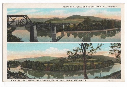 NATURAL BRIDGE STATION C&O RAILWAY N&W RAILROAD JAMES RIVER W E BURGESS POSTCARD