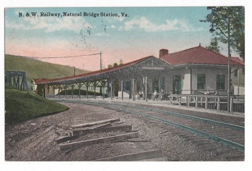 NATURAL BRIDGE STATION, VA N&W RAILWAY STATION W.E. BURGESS POSTCARD RR DEPOT