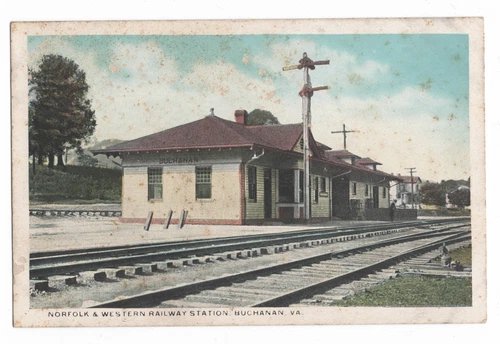 NORFOLK & WESTERN RY STATION N&W RAILROAD DEPOT BUCHANAN VA W E BURGESS POSTCARD