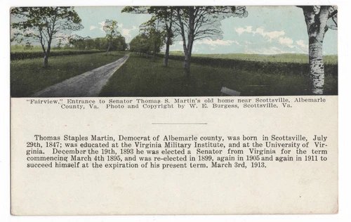 FAIRVIEW SENATOR THOMAS S. MARTIN HOME ENTRANCE ALBEMARLE W.E. BURGESS POSTCARD