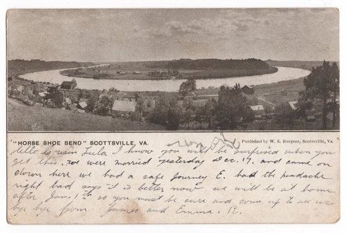 EARLY HORSE SHOE BEND SCENIC VIEW SCOTTSVILLVE, VA W.E. BURGESS POSTCARD