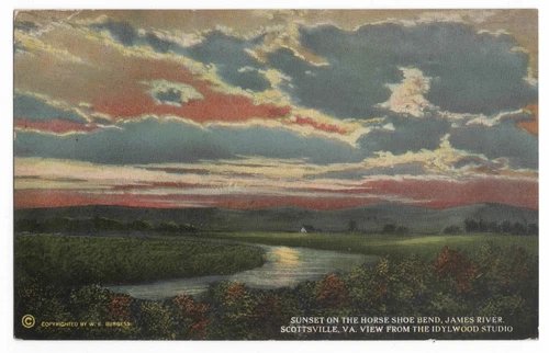 SUNSET ON THE HORSE SHOE BEND JAMES RIVER SCOTTSVILLE, VA W.E. BURGESS POSTCARD