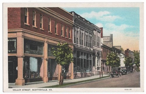 VALLEY STEEET SCOTTSVILLE, VA BUILDINGS, AUTOMOBILES, W.E. BURGESS POSTCARD