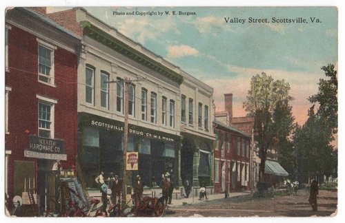 VALLEY STEEET SCOTTSVILLE, VA HARDWARE, DRUG STORE TOWN W.E. BURGESS POSTCARD