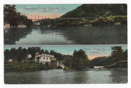 SUSPENSION BRIDGE SCHUYLER, VA ROCKFISH RIVER POWER HOUSE W.E. BURGESS POSTCARD