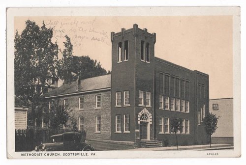 METHODIST CHURCH SCOTTSVILLE, VA ANTIQUE AUTOMOBILE STREET W.E. BURGESS POSTCARD