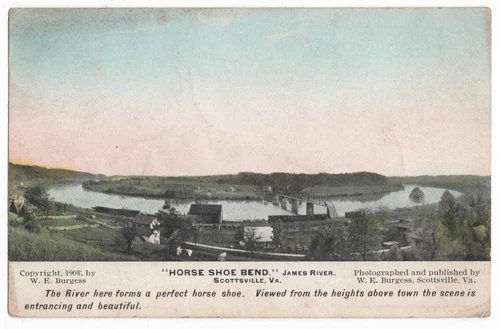 SCOTTSVILLE, VA HORSESHOE BEND JAMES RIVER BEAUTIFUL SCENE W.E. BURGESS POSTCARD