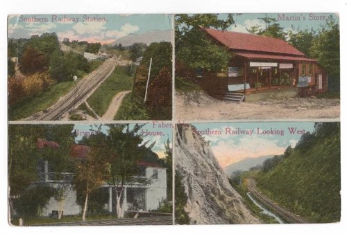 FABER, VA MARTIN'S STORE, SOUTHERN RY TRAIN STATION, HOME W.E. BURGESS POSTCARD