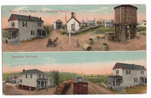 VIEWS OF TYE RIVER, VA BUSINESS SECTION SOUTHERN RAILWAY W.E. BURGESS POSTCARD