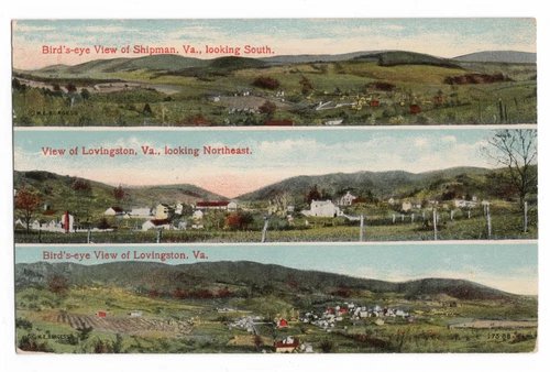 BIRD'S-EYE TRIPLE VIEW SHIPMAN & LOVINGSTON, VA TOWN FARM W.E. BURGESS POSTCARD