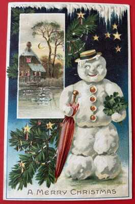 Vintage Hold-To-Light Christmas Postcard ~ Snowman, Umbrella; House in Inset