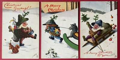 Vintage Tuck Santa Postcards (3) Pine Cone Santas w/Drum, Rocking Horse, Sled