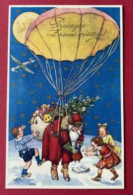 Vintage Santa Postcard ~ Santa Dropped By Parachute From Airplane, Moon Watches