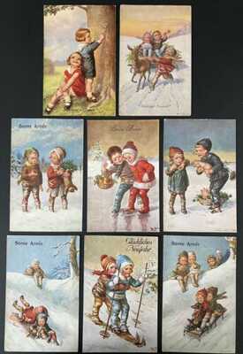 Vintage New Year Postcards (8) Wally Fialkowska Children ~ Fun In The Snow