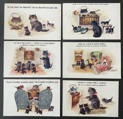 Vintage "Comique" Cat Postcards (6) Cats at Home by the Fire