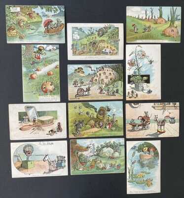Vintage Fantasy Postcards (12) A/S Gus Dirks ~ Fun Frogs, Mice, Bugs Etc.