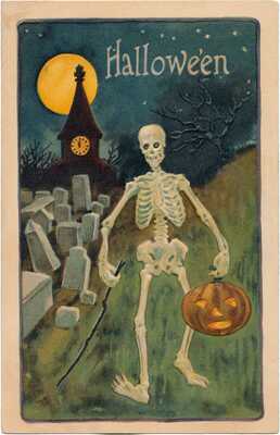L & E Halloween - Skeleton Carrying Pumpkin, Walking through Graveyard  RARE!