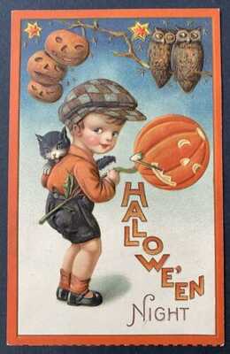Vintage Winsch Halloween Postcard ~ "Hallowe'en Night" ~ Boy, Cat, JOLs, Owls